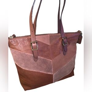 Fossil Brown Suede & Leather Chevron Pattern Handbag